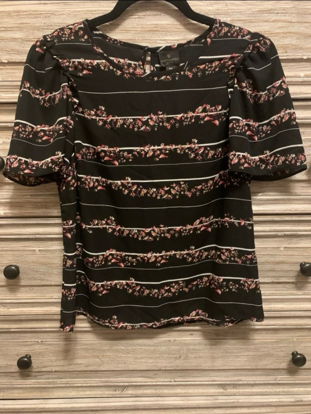 Worthington Black Floral & White Stripe Puff Sleeve Top
